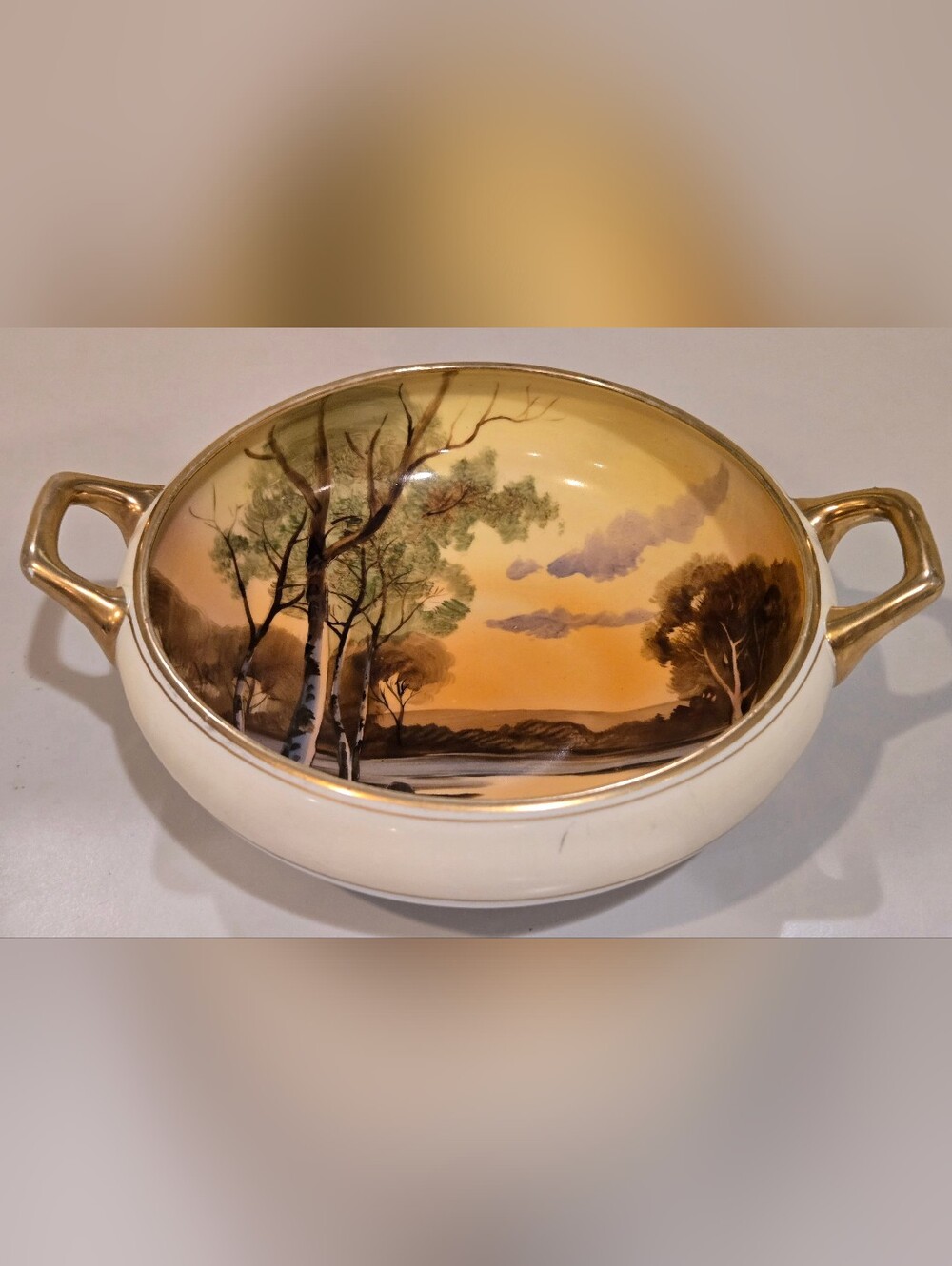 Hand-Painted Rare Nippon Scenic Ceramic Serving Bowl in Gold and Cream